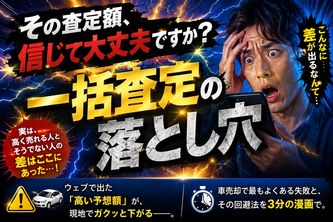 その査定額、信じて大丈夫ですか？一括査定の落とし穴。ウェブで出た高い予想額が現地でガクッと下がる。車売却で最もよくある失敗とその回避法を3分の漫画で。